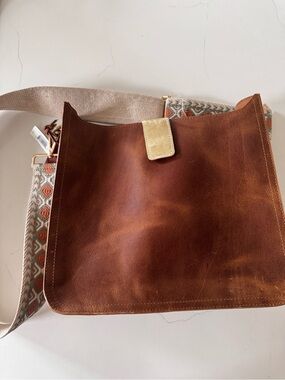 NWT Jane Marie Tan Leather Messenger Bag with Patterned Strap